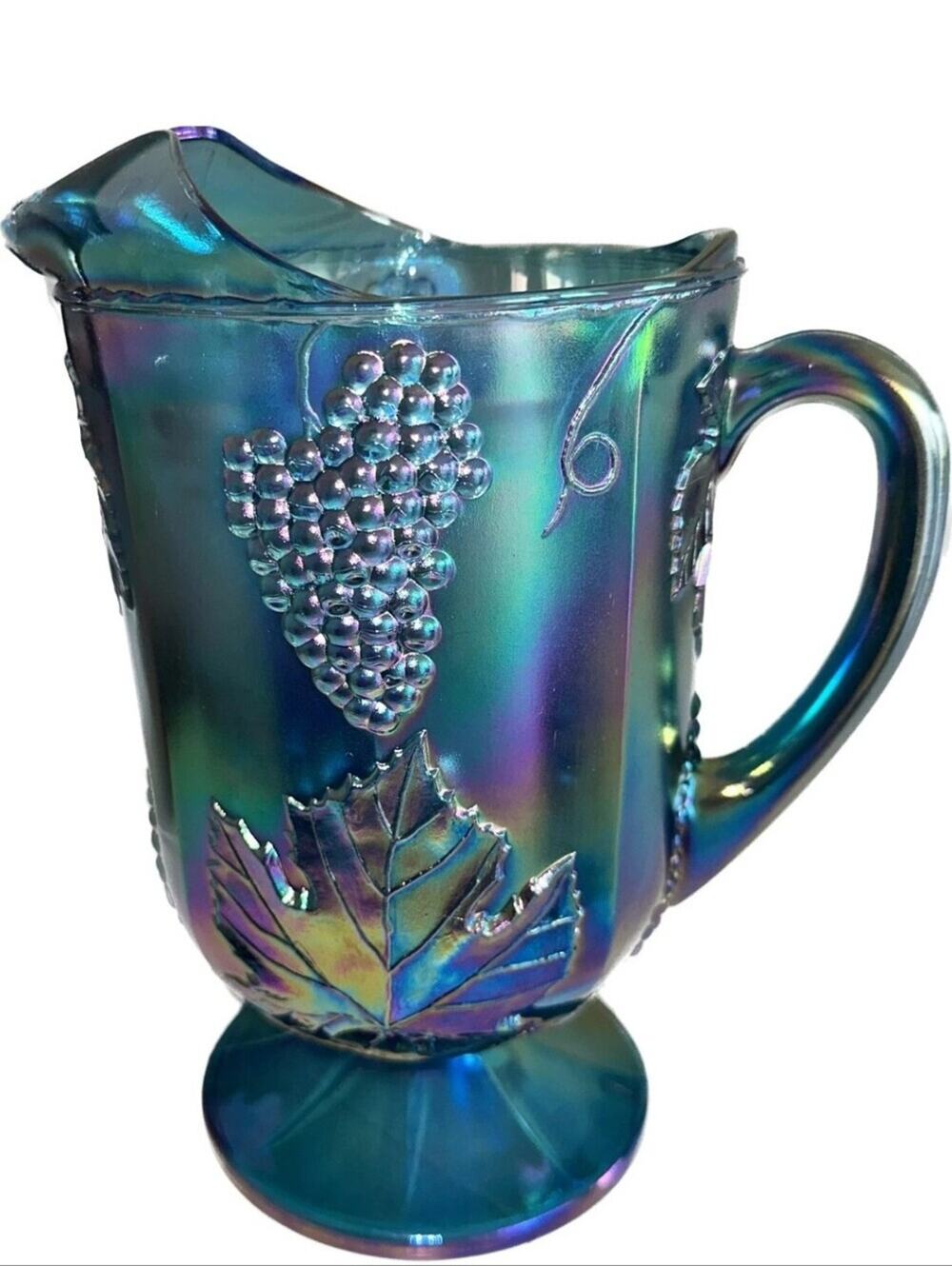 Vintage Carnival Glass Large Water Pitcher Blue Harvest Grape - Great Condition